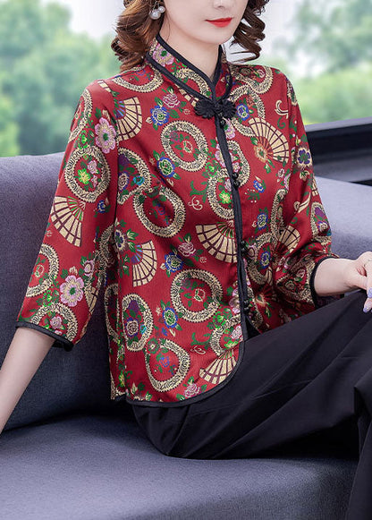Red Button Stand Collar Print Silk Two Piece Set Clothing Summer