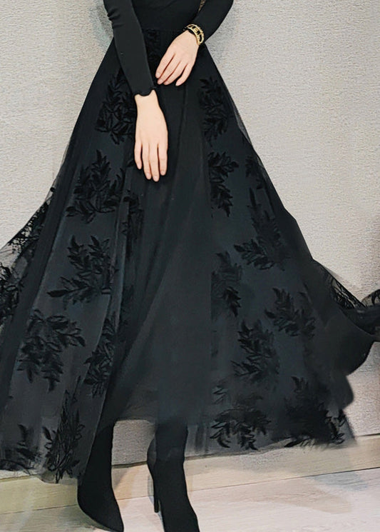 Black High Waist Draping Tulle Maxi Skirt Spring