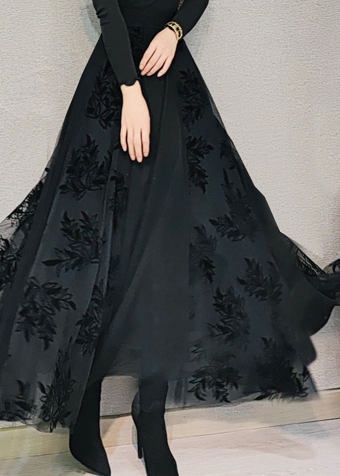 Black High Waist Draping Tulle Maxi Skirt Spring