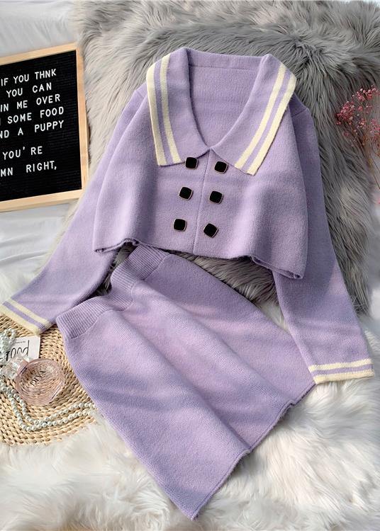 French Pink Knitted Suit New Short Sweater Pullover Skirt Two Piece Set in Early Autumn