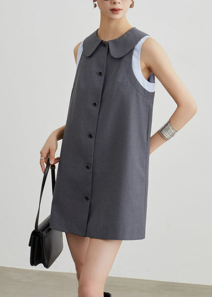 Grey Peter Pan Collar Patchwork Cotton T Shirt Dresses Sleeveless