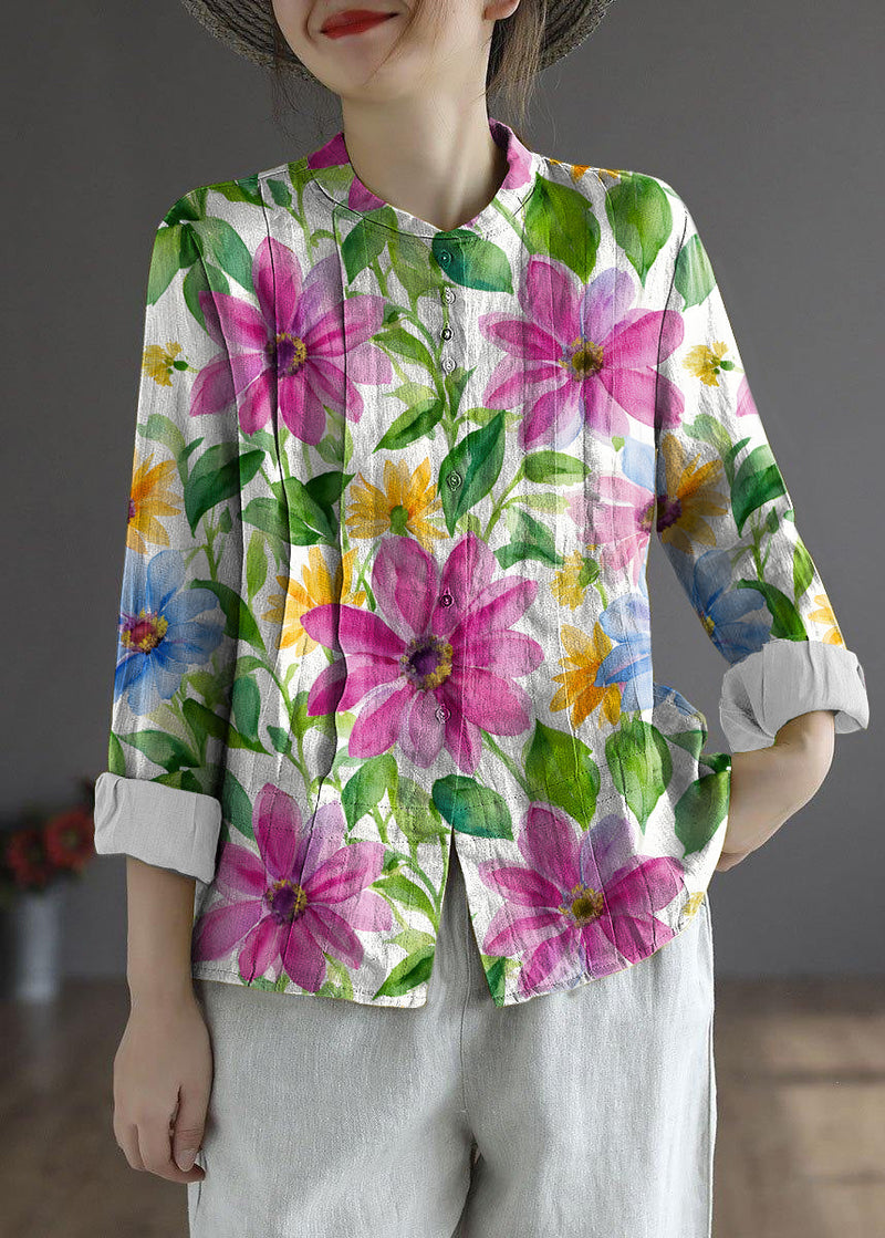 White Flower Button Fall Top Long Sleeve Linen