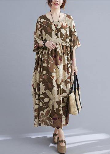 Organic Black Print O-neck Linen Cotton Maxi Summer Cotton Dress
