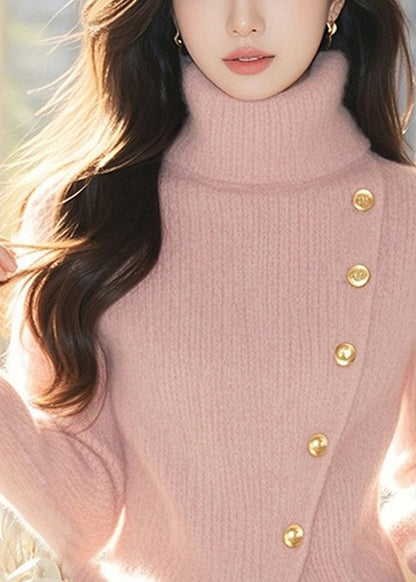 Pink Turtleneck Cotton Knit Sweater Tops Spring