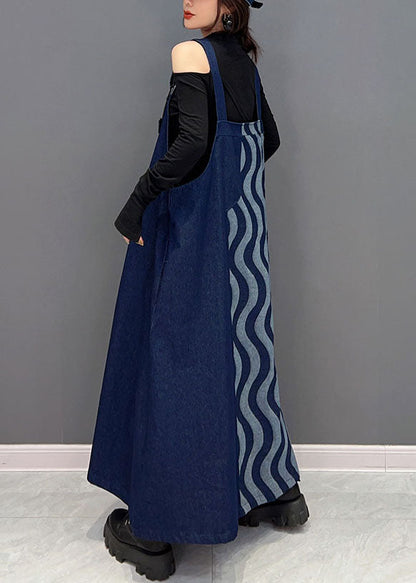 Blue Patchwork Cotton Denim Strap Dresses Spring