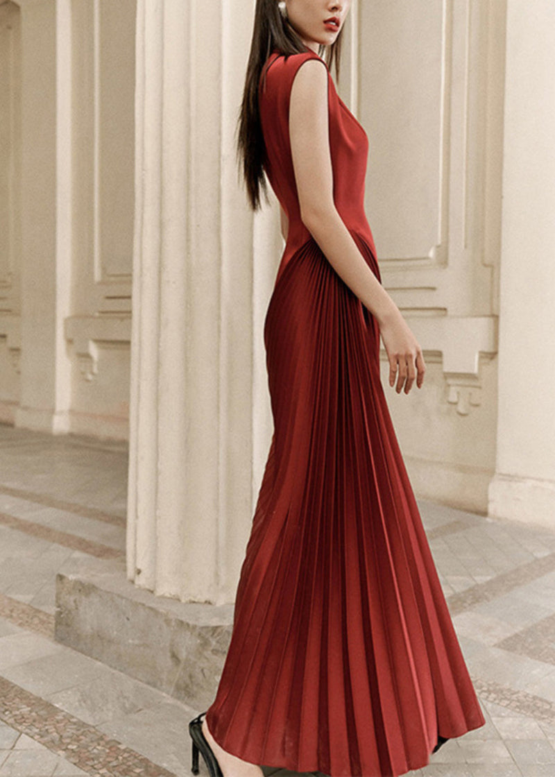 Modern Wine Red Asymmetrical Design Fine Silk Pleated Cocktail Dress