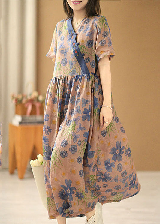 Asymmetrical Design Embroideried Print Linen Long Dress Short Sleeve