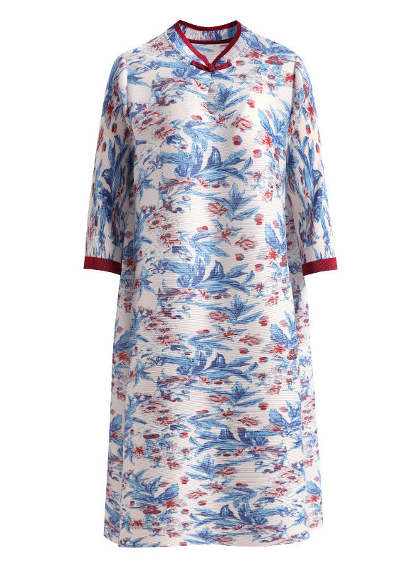 Blue Stand Collar Print Wrinkled Button Mid Dress Half Sleeve