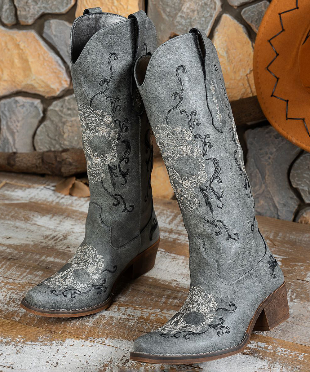 Embroidery Chunky Boots Grey Faux Leather