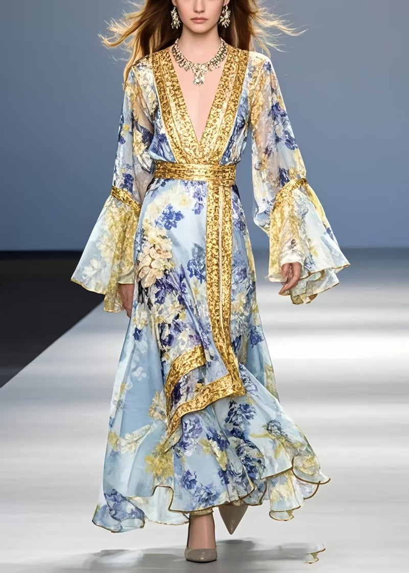 Blue Print Patchwork Chiffon Holiday Dress Flare Sleeve Spring