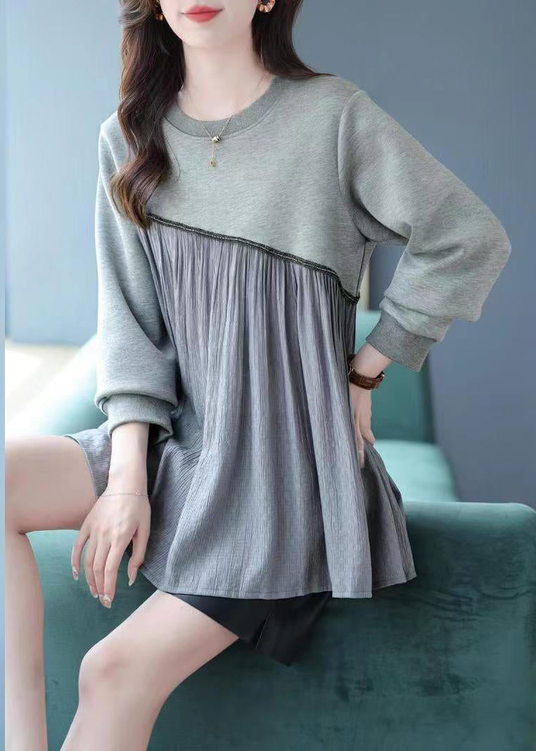 Grey O-neck Wrinkled Patchwork Sweatshirt Spring