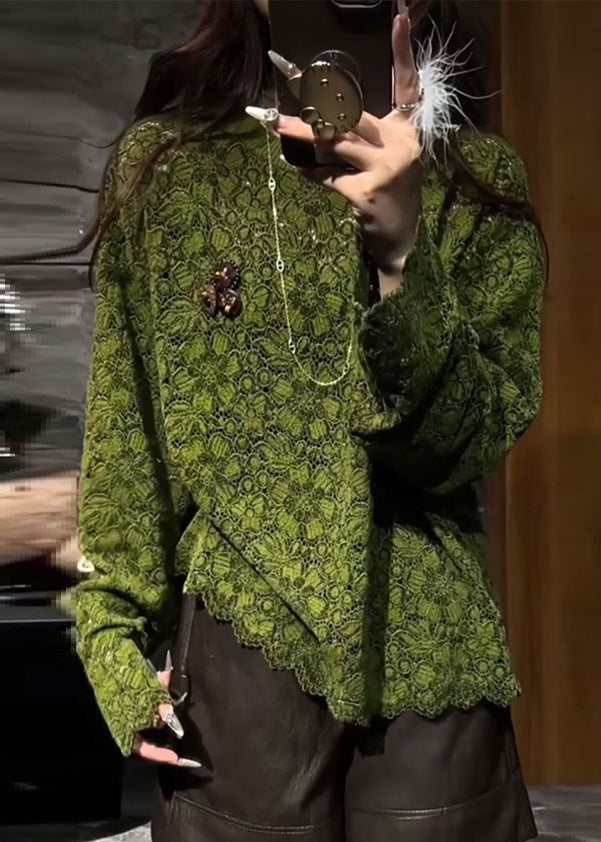 Green O Neck Hollow Out Lace T Shirts Fall