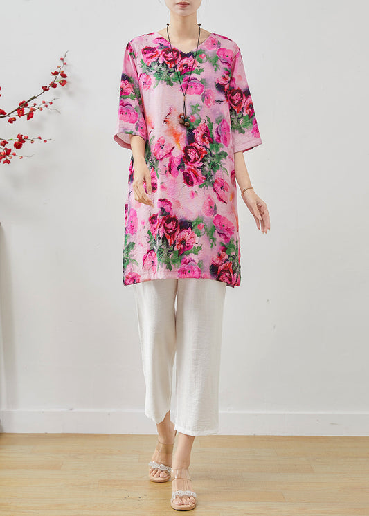 Rose Oversized Print Linen Two Pieces Set Summer