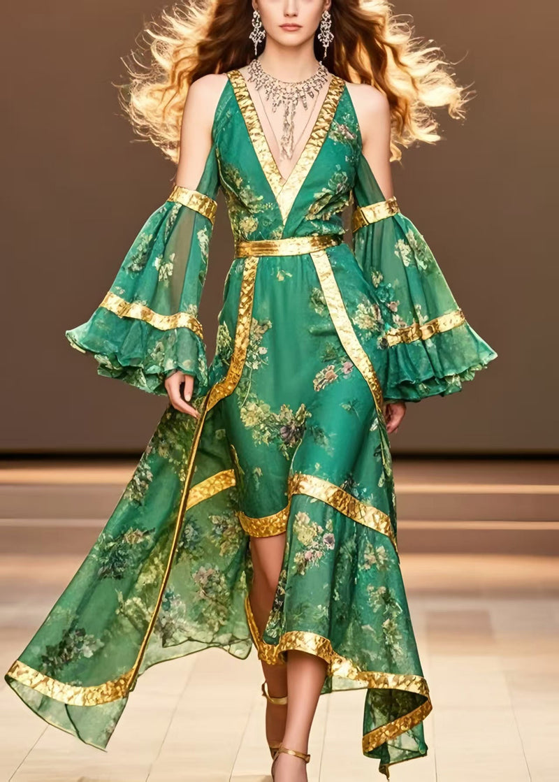 Tea Green Cold Shoulder Print Chiffon Ankle Dress Flare Sleeve