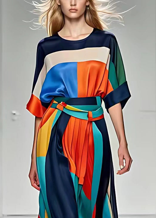 French Print Tops and High Waist Skirts Silk Dress Half Sleeve