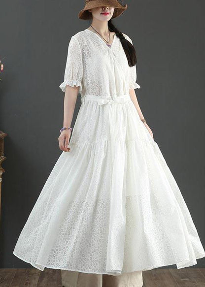 White V Neck Button Maxi Summer Cotton Dress