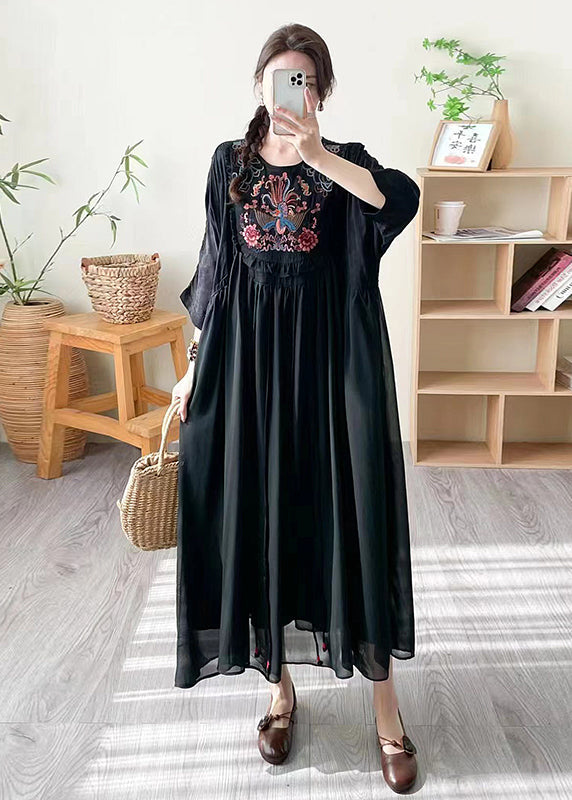 Loose Black O Neck Print Patchwork Silk Dress Summer