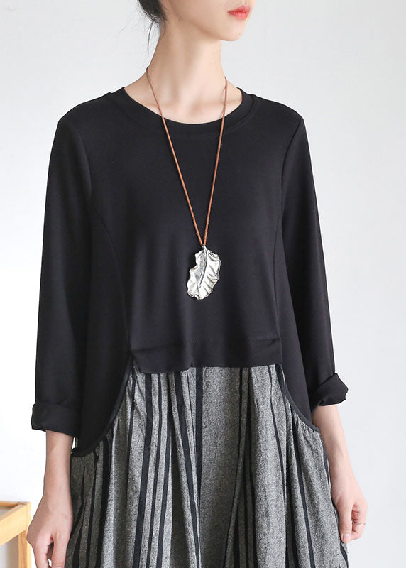 Black Striped Pockets Patchwork Linen Holiday Dress Long Sleeve