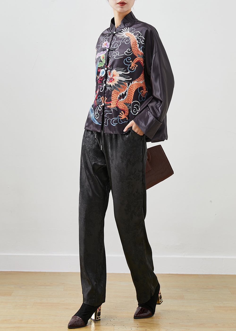 Black Embroideried Silk Chinese Style Two Piece Set Outfits Fall
