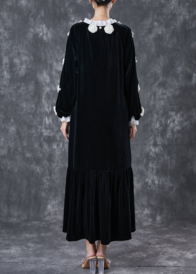 Modern Black Lace Up Silk Velour Maxi Dress Spring