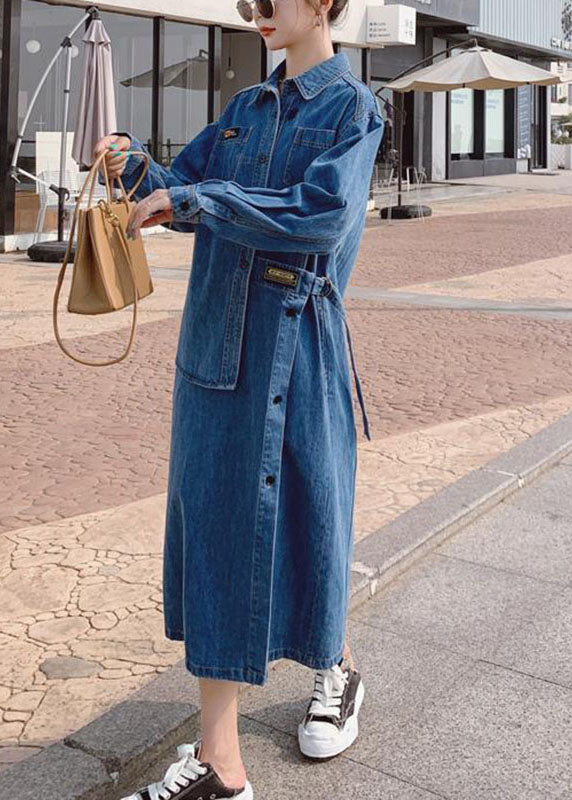 Loose Blue Pockets Button Asymmetrical Design Fall Denim Long Sleeve Long Dress