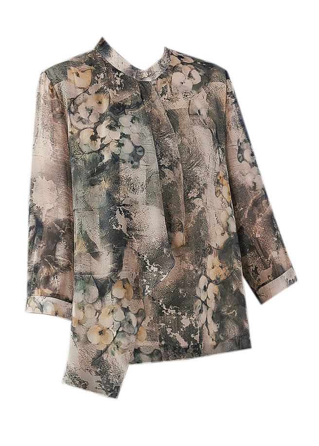 Apricot Asymmetrical Print Silk Shirts Bracelet Sleeve