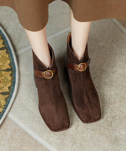 French Brown Splicing Chunky Suede Boots