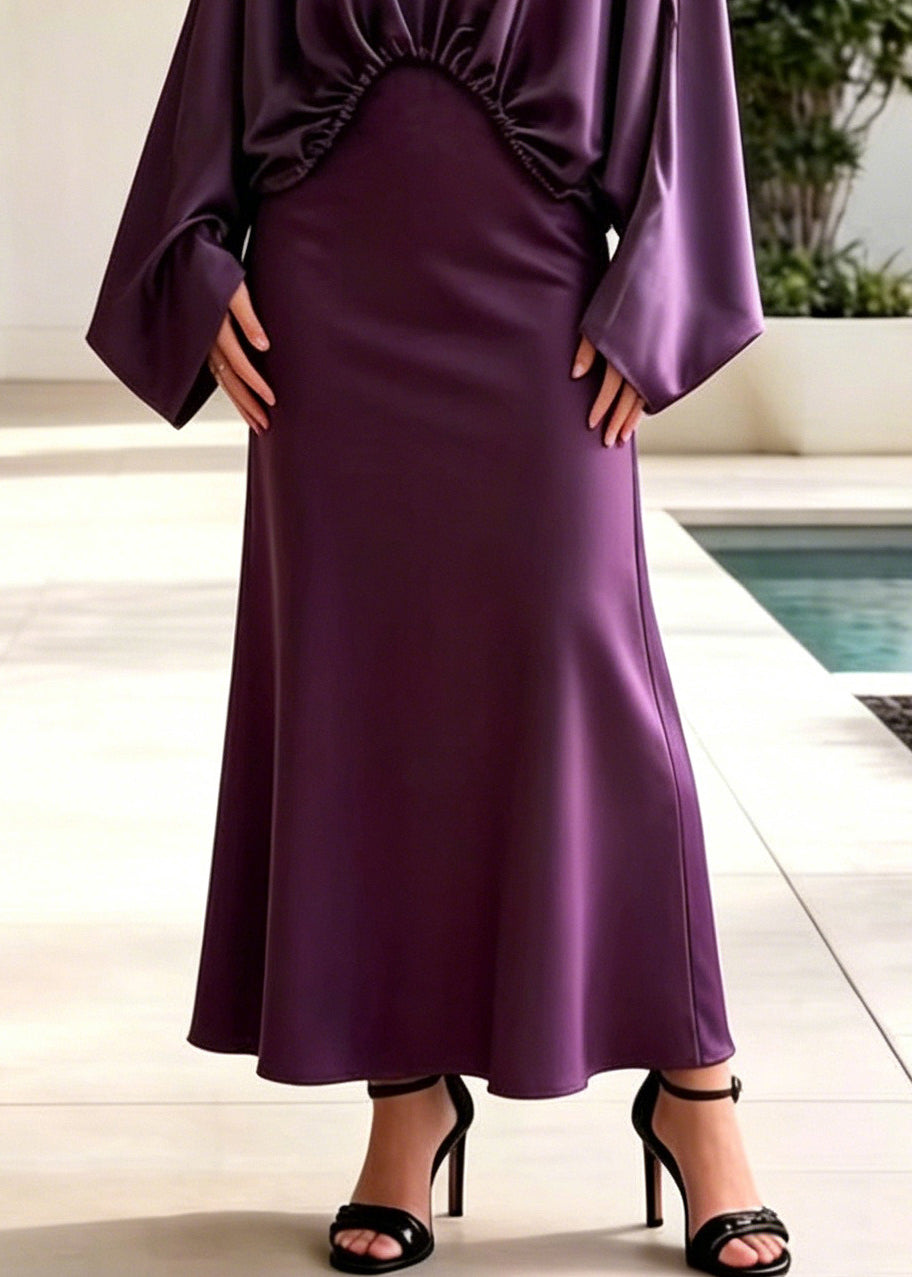 Purple Asymmetrical Design Draping Silk Two Pieces Set Batwing Sleeve