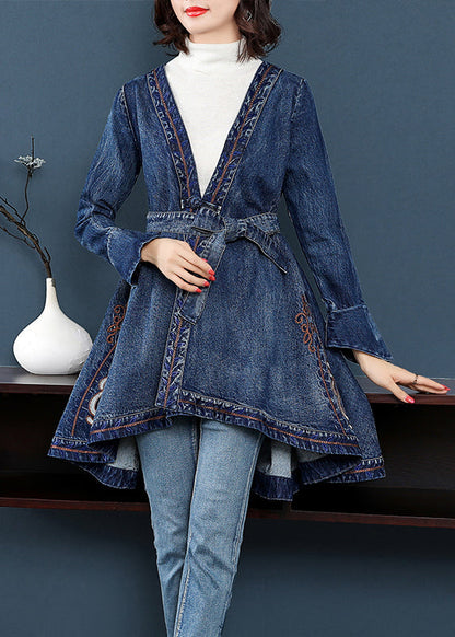 Blue Low High Design V Neck Embroideried Cotton Denim Trench Coats Long Sleeve