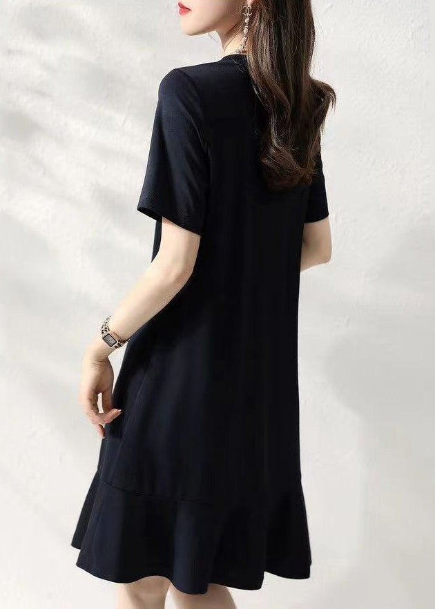 Navy O Neck Ruffled Patchwork Cotton Dresses Summer