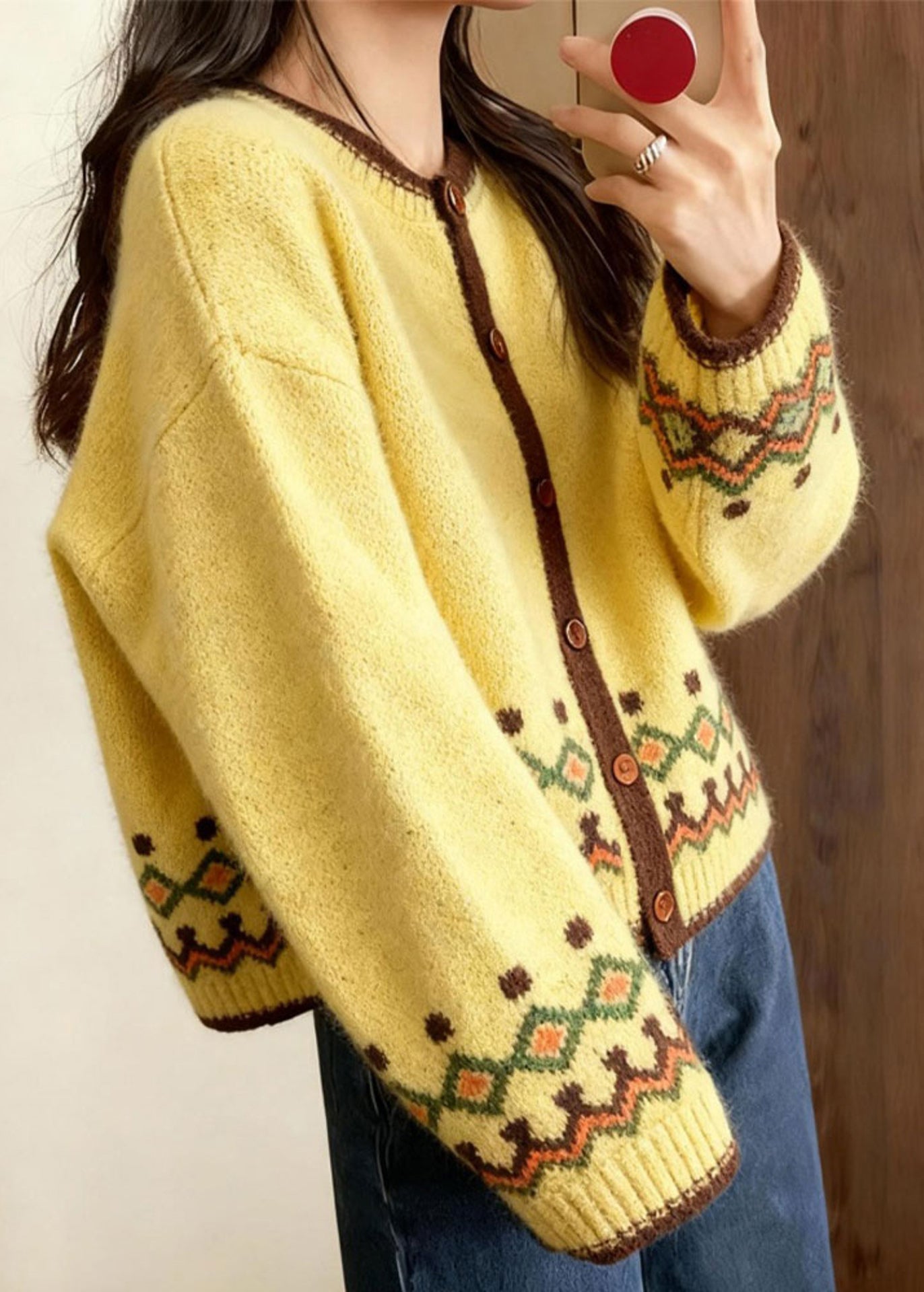 Yellow Embroidered Chunky Knit Cardigans Winter