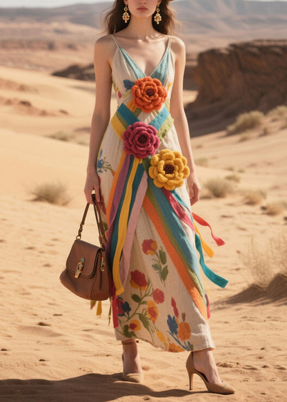 Art Khaki Decorated Cotton Spaghetti Strap Dress Summer