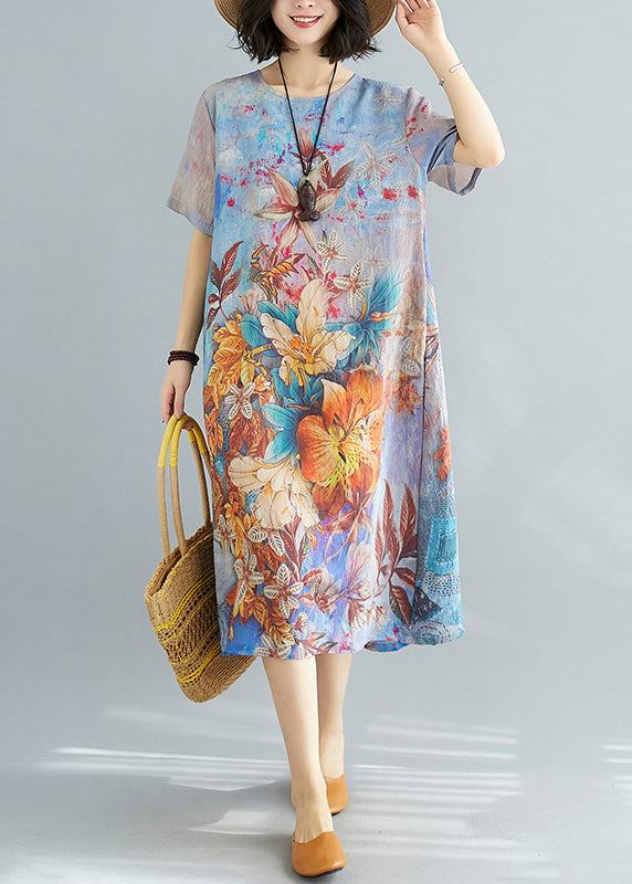 Blue O Neck Print Cotton Dresses Summer