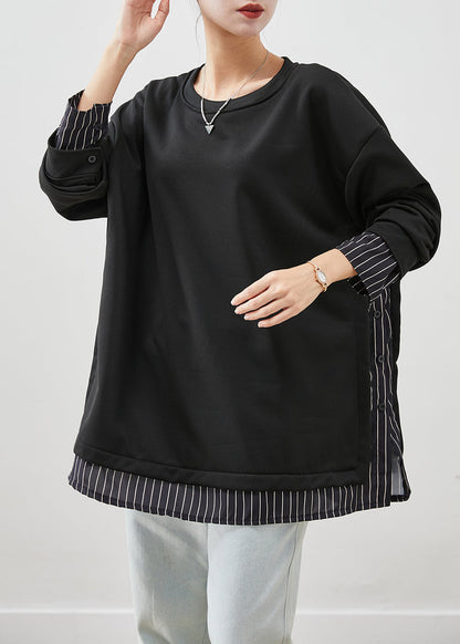 Black Oversized Patchwork Striped Cotton Sweatshirt Fall