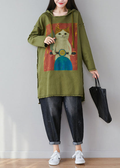 Green Patchwork Cartoon Print Cotton Tops Hooded Spring