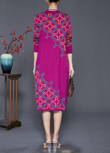 Rose Print Complimentary Scarf Knit Long Knit Dress Fall