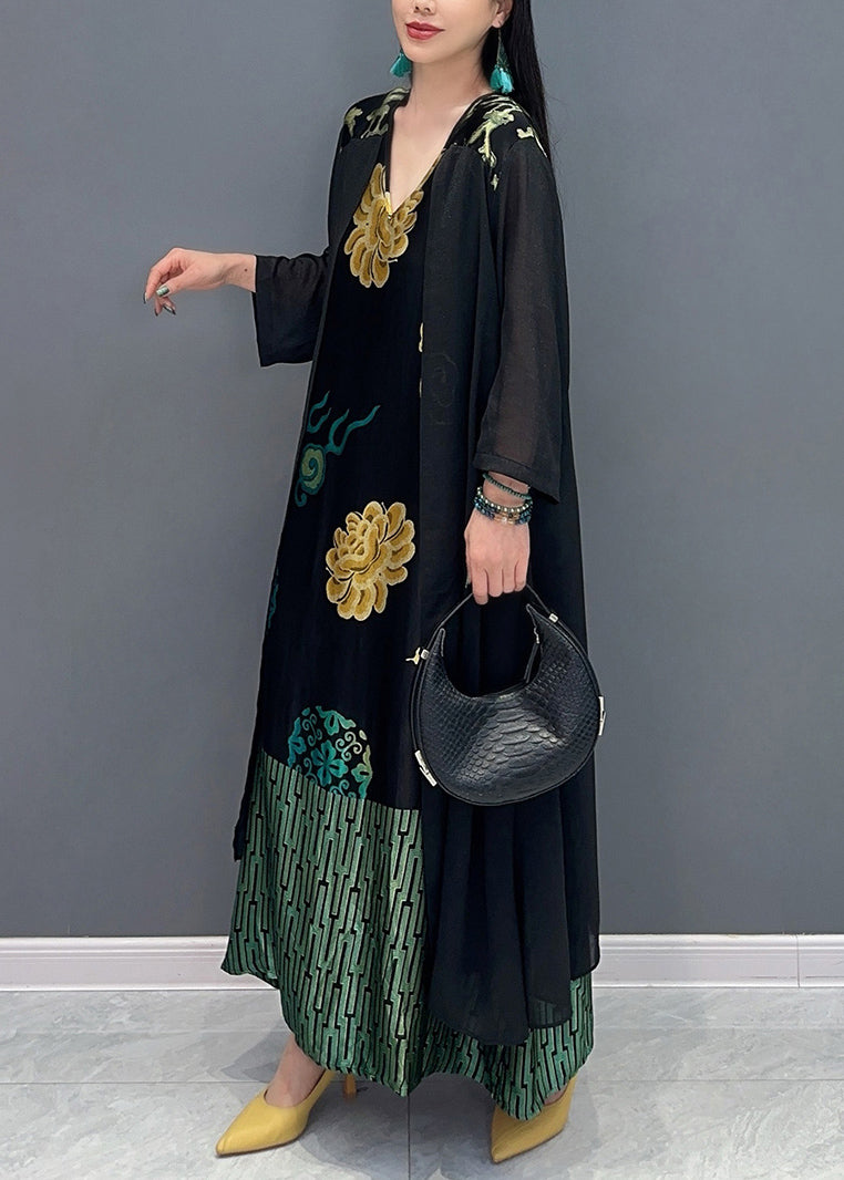 Loose Black V Neck Fake Two Piece Printed Dress for Summer