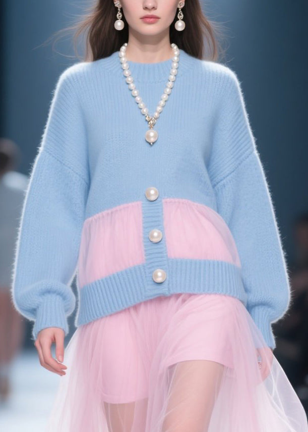 Blue O Neck Tulle Patchwork Knit Dress Fall