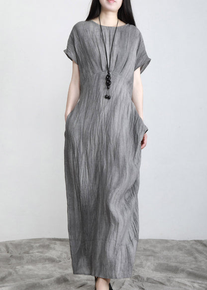 Grey O-neck Pockets Wrinkled Tie Waist Linen Long Dresses Short Sleeve