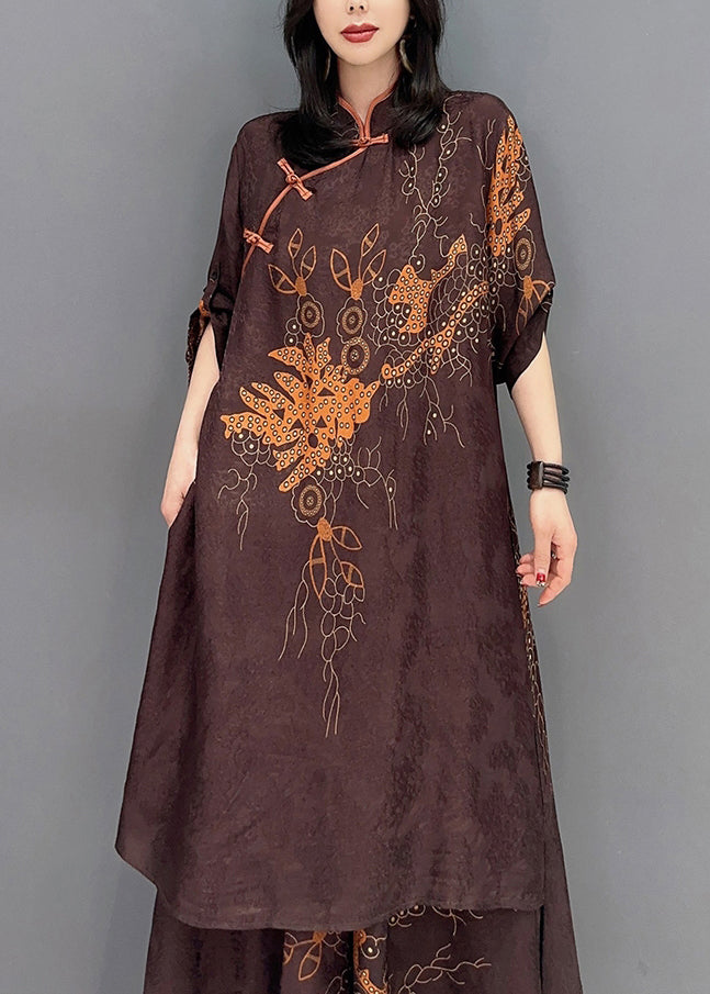 Brown Stand Collar Print Patchwork Silk Two Piece Set Outfits Fall