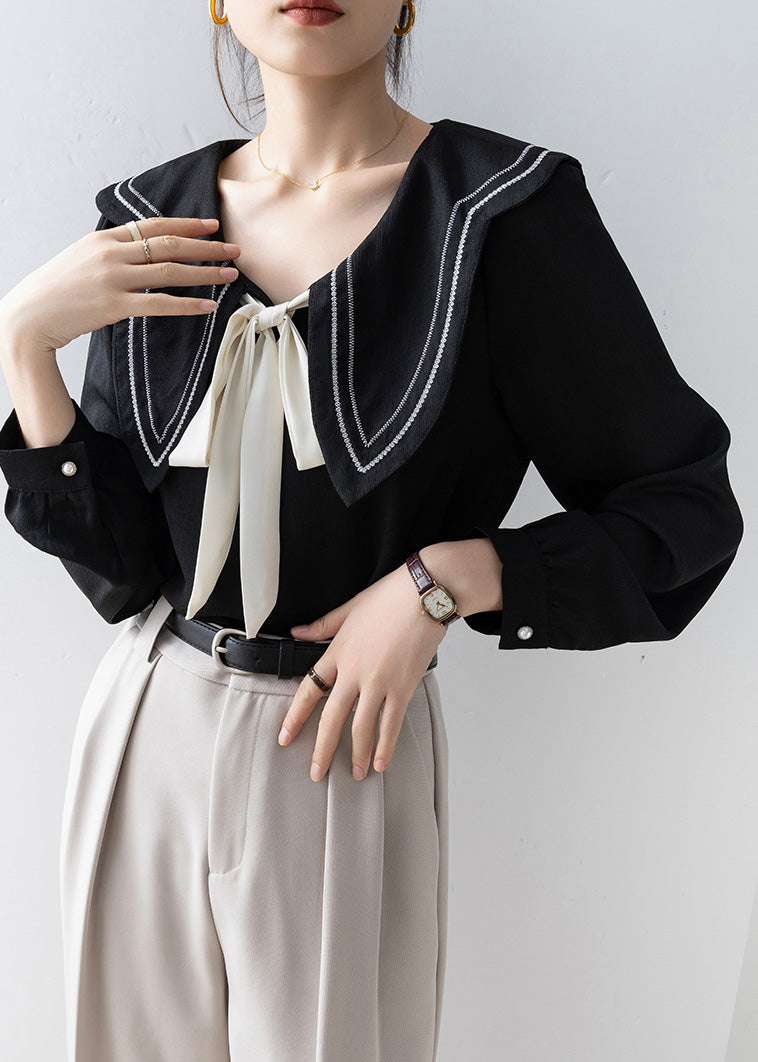 French Black Sailor Collar Bow Chiffon Shirt Top Spring