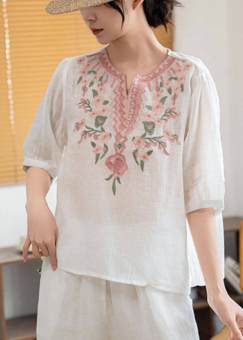 Green Stand Collar Embroidered Linen Blouses Summer
