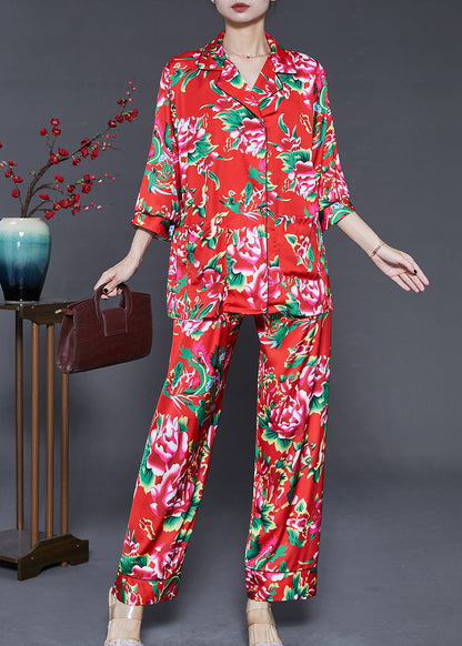 Red Peter Pan Collar Print Draping Silk Two Piece Set Fall