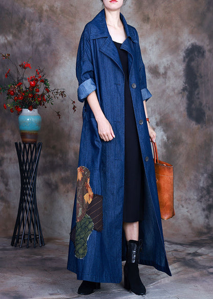Blue Button Tie Waist Peter Pan Collar Cotton Denim Trench Coats Spring