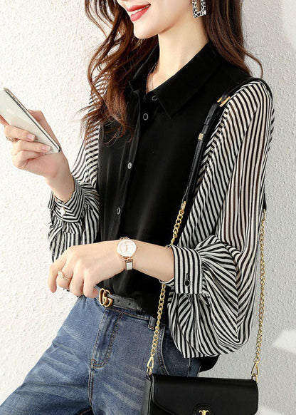 Modern Black Button Peter Pan Collar Striped Patchwork Shirt Top Long Sleeve