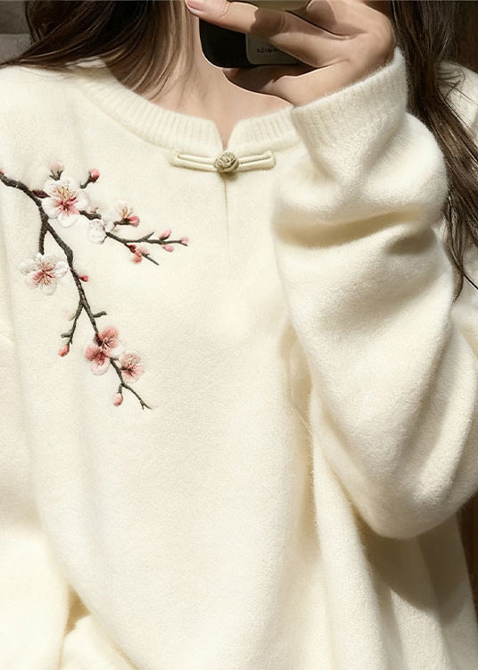 White Button Plum Blossom Knit Sweater Tops Winter