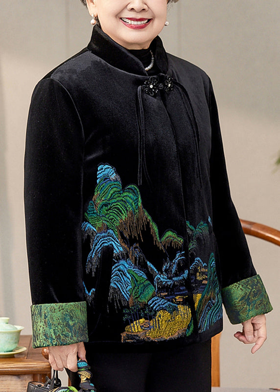 Coffee Print Pockets Silk Velvet Warm Coats Spring
