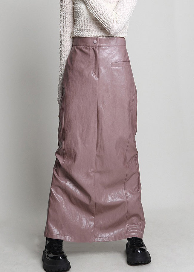 Pink Side Open High Waist Faux Leather Skirt Spring