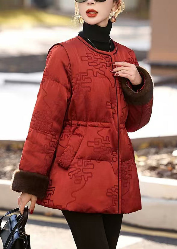 Red Cinched Print Duck Down Puffer Jacket Winter