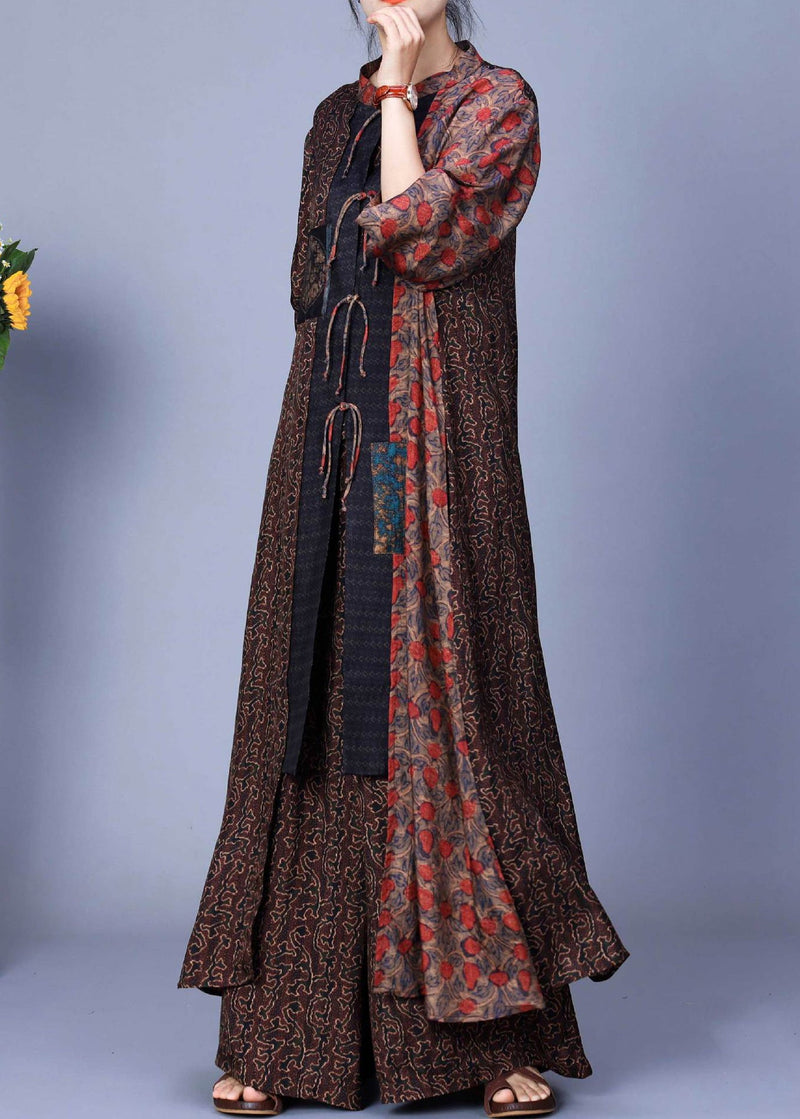 Coffee Print Tops and Wide Leg Pants Silk Two Pieces Set Spring